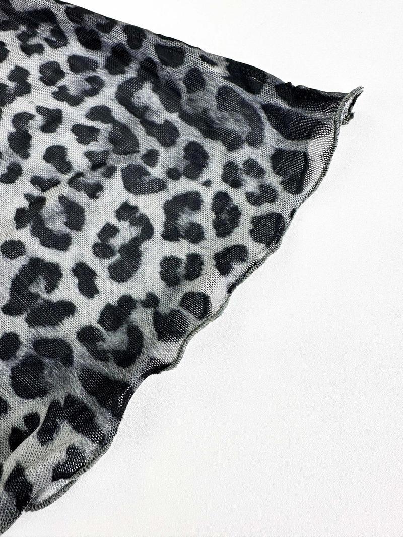Product Introduction of Women's Leopard Print Backless Mesh Dress, Fashion Casual Boat Neck Flounce Sleeve Short Dress for Daily Outdoor Wear, Women Dress for Spring Fall, Valentine's Day Gift for Girl, Dresses for Women, Holiday Dresses 8