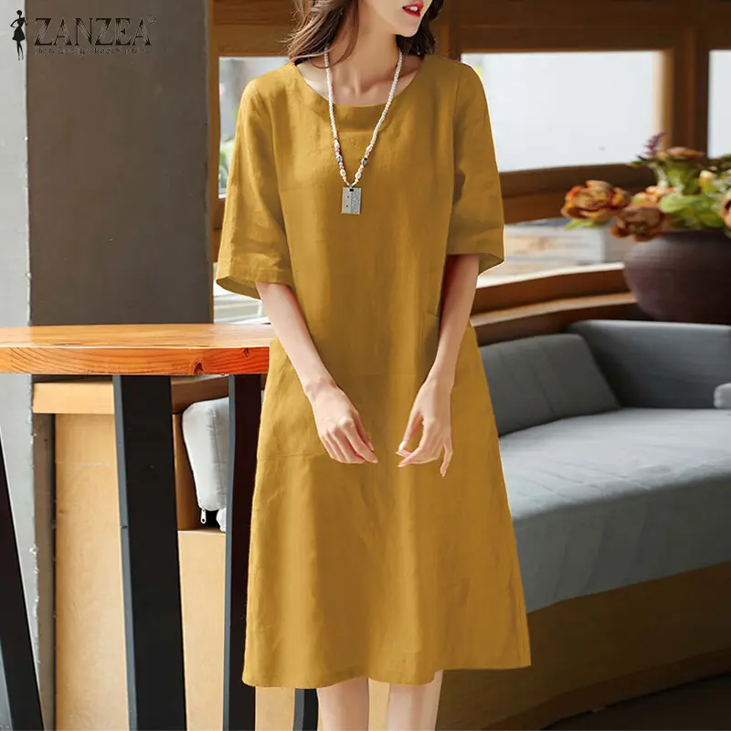 ZANZEA Womens Short Sleeve O Neck A Line Midi Dress Solid Cotton Holiday  Beach Sundress - TikTok Shop Philippines