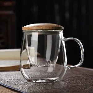 Gelas Cangkir Teh Kopi with Infuser Filter Tutup Kayu Desain Estetik