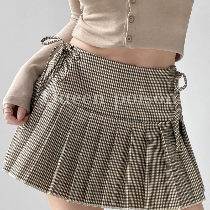  Chân váy xếp ly kẻ tuýt si phối dây nơ hai bên có thể điều chỉnh chân váy xếp ly dáng A ngắn có quần bảo hộ DoA Casual 