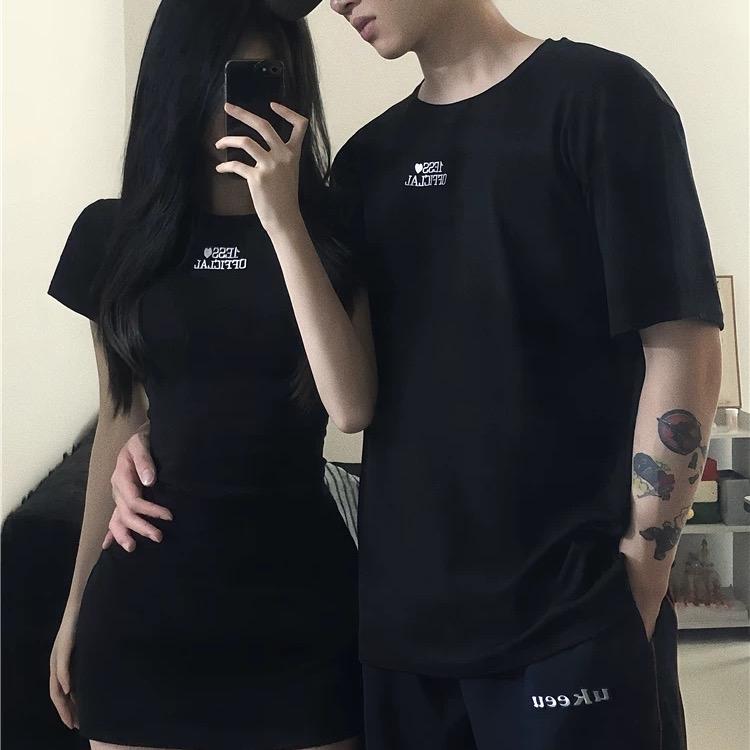 (S - 45) [ GIÁ CẶP ] Set đồ đôi nam nữ couple đầm body dáng ngắn và áo phông nam thêu chữ mặc chung với người yêu vayom tondang