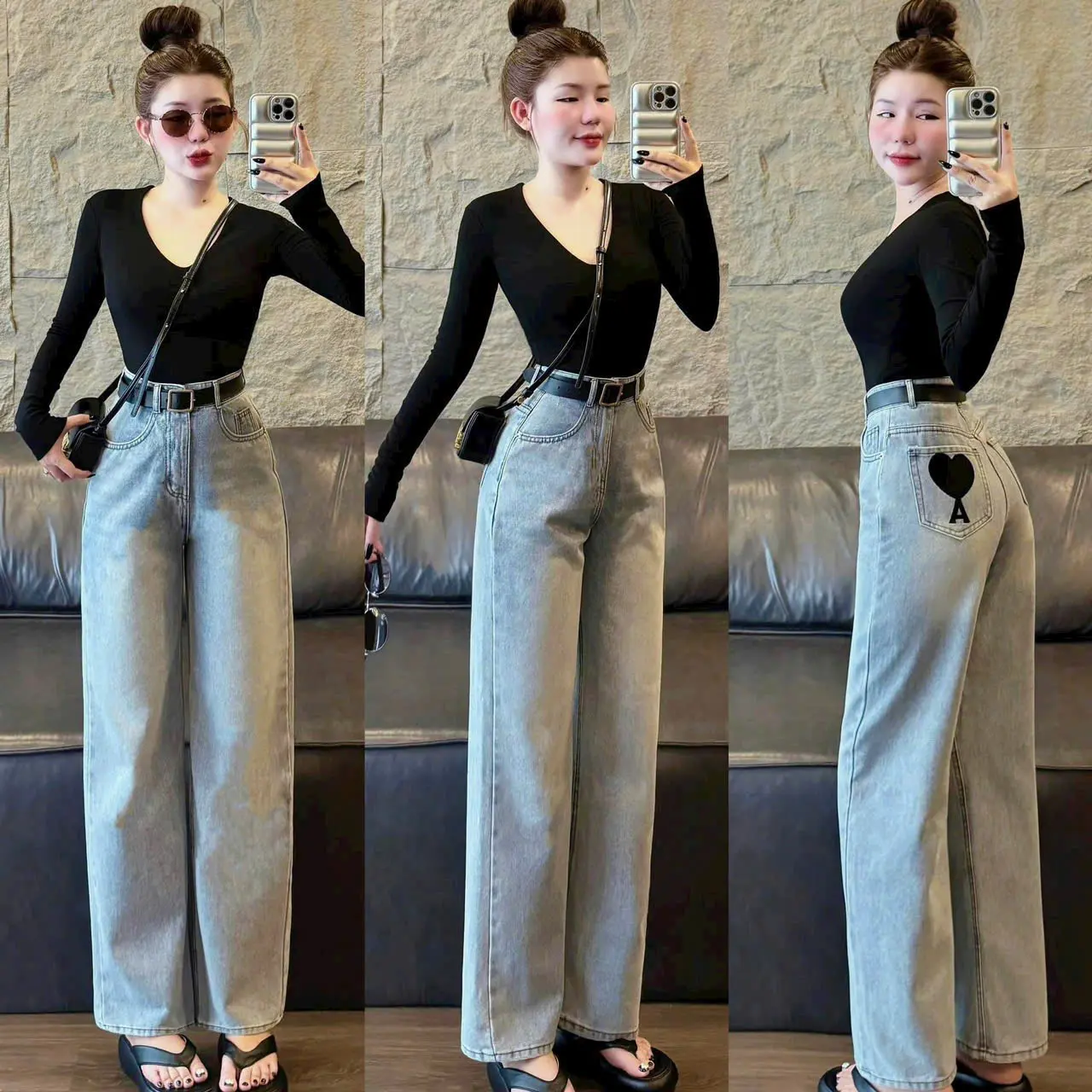 Quần Jeans Nữ Ống Suông Lưng Cao Thêu Túi Sau Phong Cách Hàn Quốc - Pants, Women Denim quan jeansuong