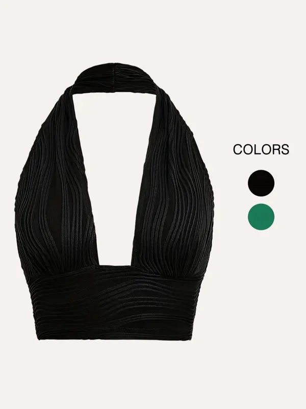 Women's Textured Plunge Neck Sleeveless Halter Crop Top, Trendy Backless Crop Tank Top for Party Holiday Beach, Summer Clothes Tops 0