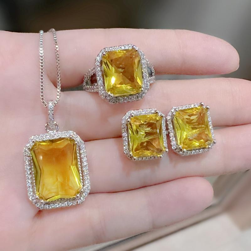 Product Introduction of Tik Tok Live Stream Rectangular Diamond Colored Gems Eardrops Stud Earrings Ring Hot Sale Square Pink Yellow Diamond Crystal Jewelry Suit sakuya  keychain gantungan  kunci bus  stop ganesha  keychain sonny  angel 1