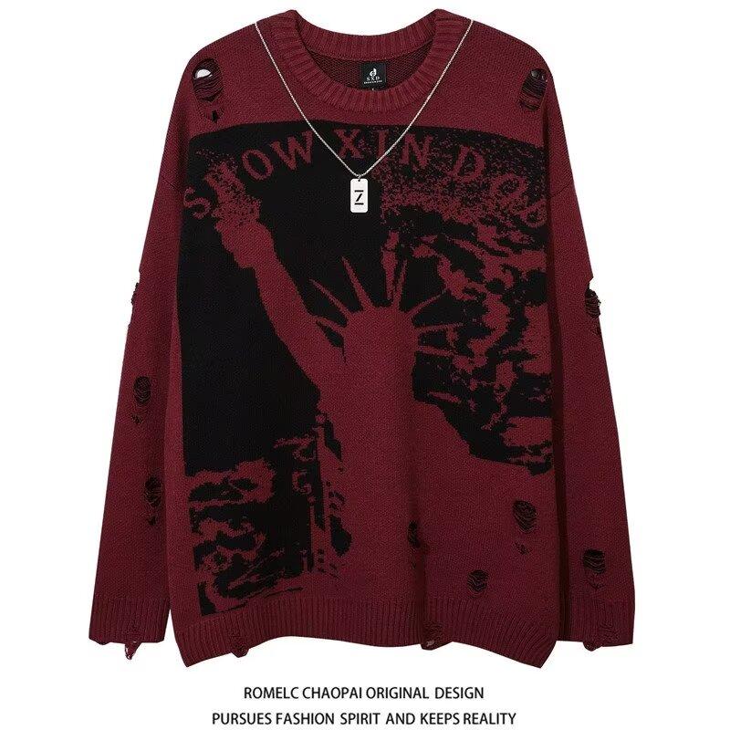  KEYINGNG  Áo Len Thường Ngày Mỹ Thời Trang Châu Âu Và Mỹ Tối Màu Rách Dành Cho Nam Và Nữ Phong Cách Thường Ngày Hợp Xu hướng 