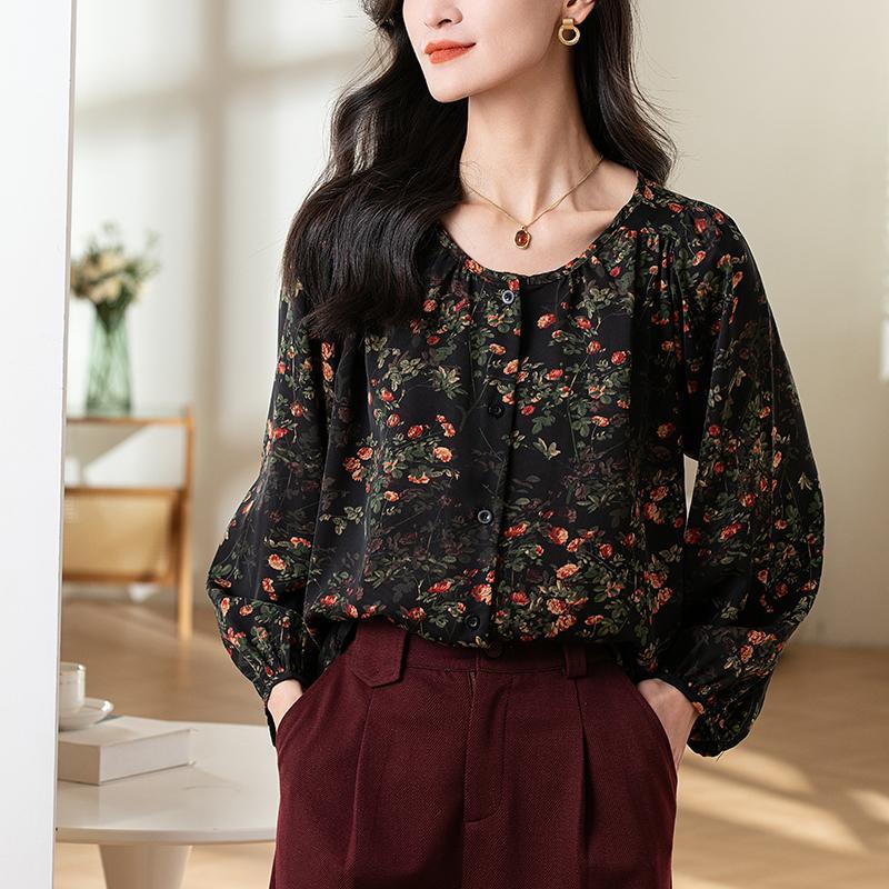 Vintage floral chiffon blouse, round neck, top, puff sleeves, loose fit, casual style, available up to 3XL