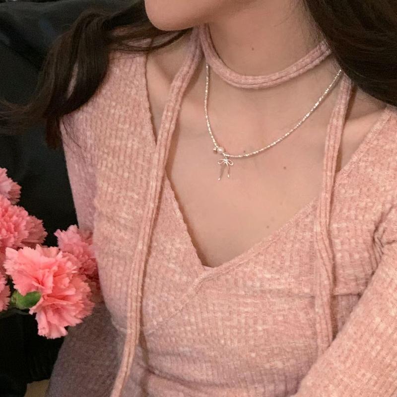 Product Introduction of S925 Loving Heart in Sterling Silver Zircon Bow Small Pieces of Silver Necklace Bracelet Set Ins Niche Temperament Clavicle Chain 25