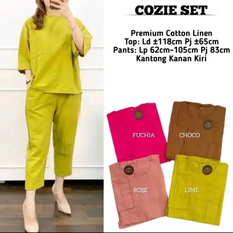 Cozie Set ( Top & Pants ) Setelan One SET Linen Terbaru Wanita MUAT BB 40 - 80 KG 3