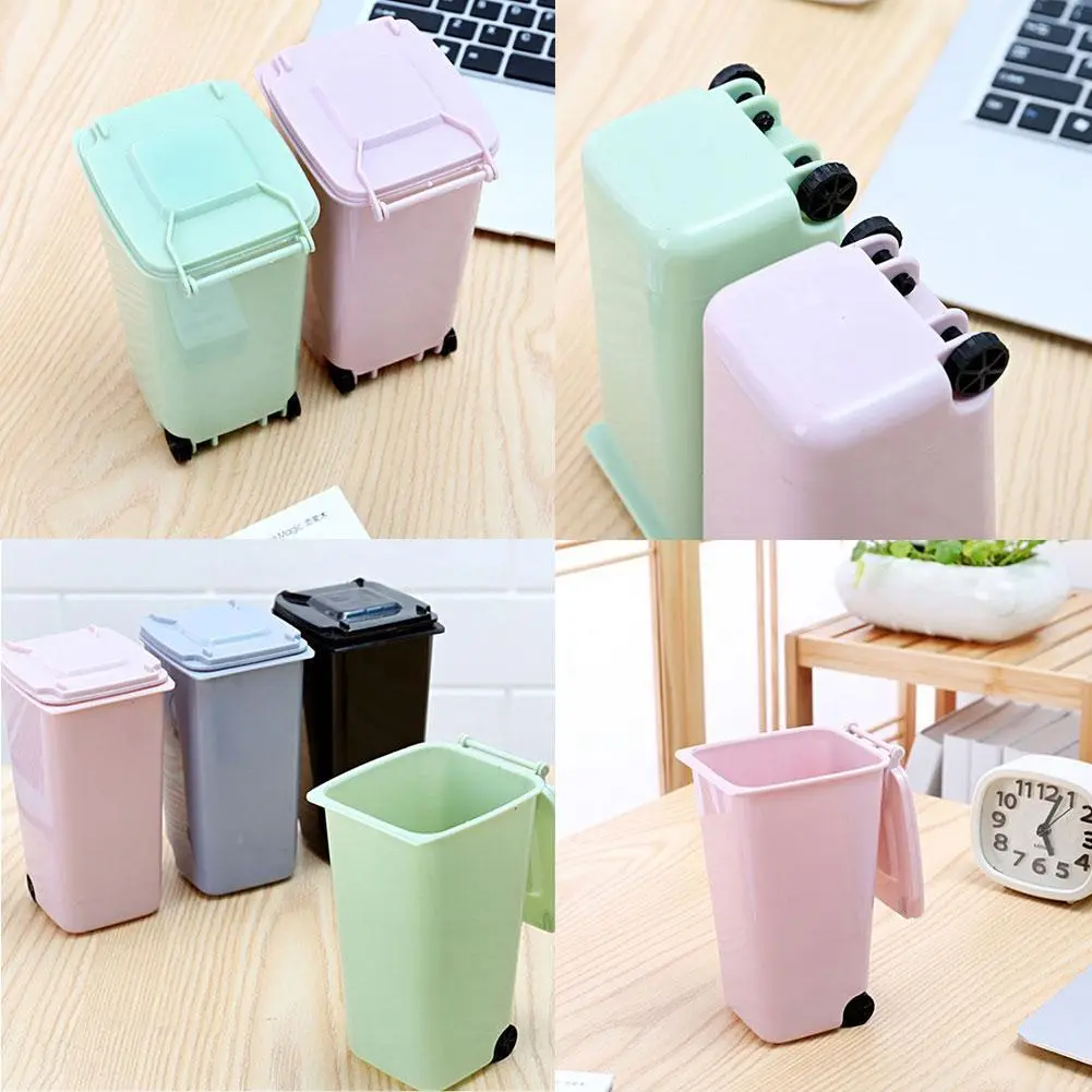 Household Office Creative Wheelie Mini Trash Can Desktop Bucket Mini Plastic Scissors Dustbin T1J5