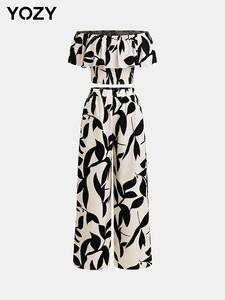 YOZY Leaf Print Off Shoulder Crop Top & Elastic Waist Wide Leg Pants Matching Set/ Shirred Top & High Waist Trousers, 2024 Women's Summer Outfits For Beach Holiday Vacation