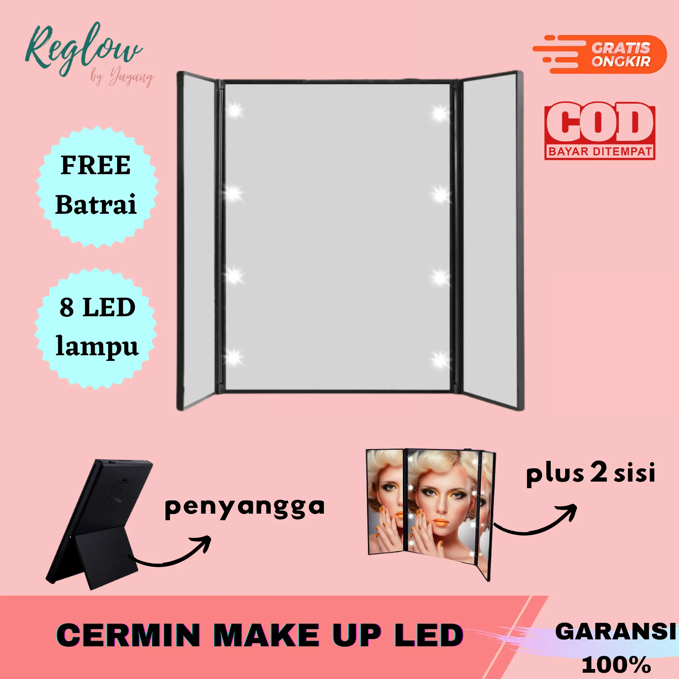 Cermin Kaca Lipat Lampu LED Rias Make Up Mirror Portable LED Light