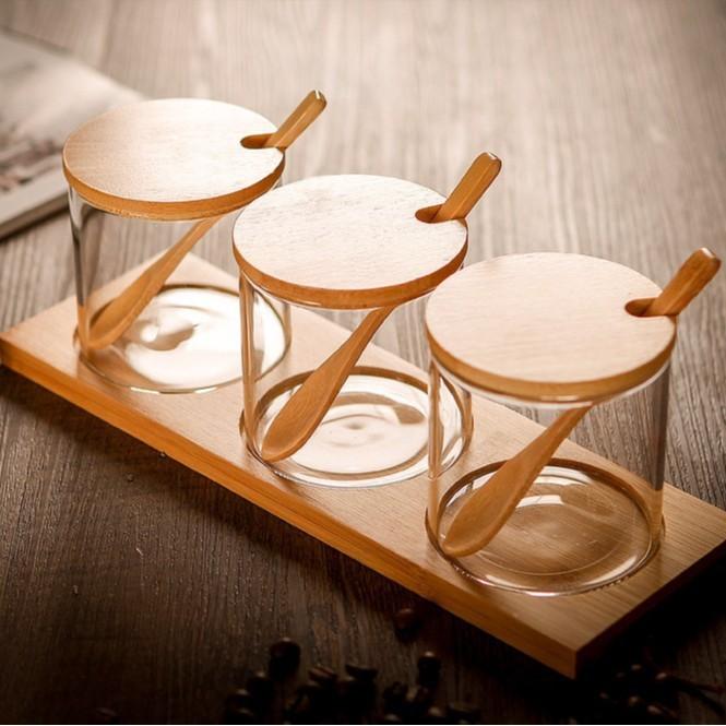 ASHOME TEMPAT BUMBU SET ISI 3 PCS - TEMPAT GULA GARAM MERICA 3 JAR - TOPLES BUMBU MURAH TIGA JAR BAHAN KACA - SEASONING JAR SET - TOPLES BUMBU TAHAN PANAS ELEGANT MEWAH DENGAN KOMBINASI KA 4