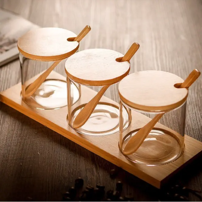 ASHOME TEMPAT BUMBU SET ISI 3 PCS - TEMPAT GULA GARAM MERICA 3 JAR - TOPLES BUMBU MURAH TIGA JAR BAHAN KACA - SEASONING JAR SET - TOPLES BUMBU TAHAN PANAS ELEGANT MEWAH DENGAN KOMBINASI KA 4