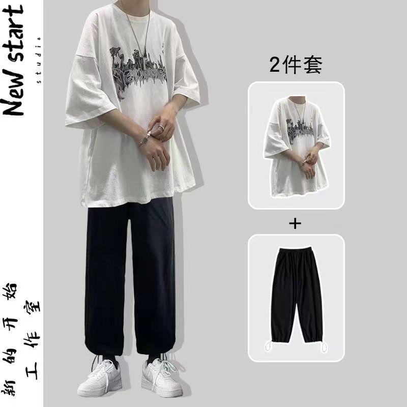 Bộ Đồ Áo Thun Nam, ngắn Tay, Dáng Rộng Vừa Vặn, Quần Áo Mùa Hè, Hợp Xu hướng Và Dễ Phối Đồ Phong Cách Hồng Kông, Tay Lửng Quần Thường Ngày Cho Nam, 12 Menswear 1