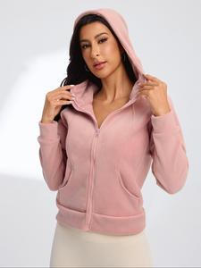 Women's Solid Pocket Zip Up Hooded Sports Sweatshirt, Casual Long Sleeve Raglan Sleeve Outerwear for Outdoor Cycling, Ladies Sportswear for All Seasons