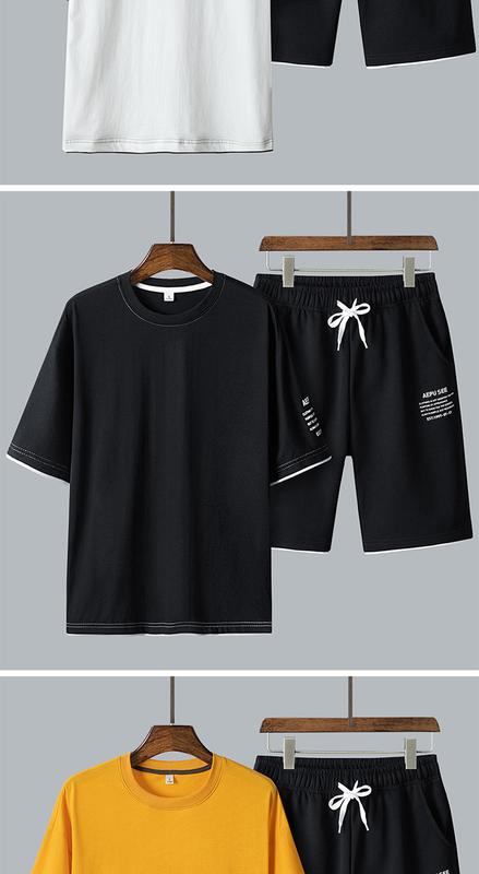 Product Introduction of New Leisure Sports Suit Men's All-Cotton Short-Sleeved T-shirt Shorts Set Workout Clothes Two-Piece Set 26