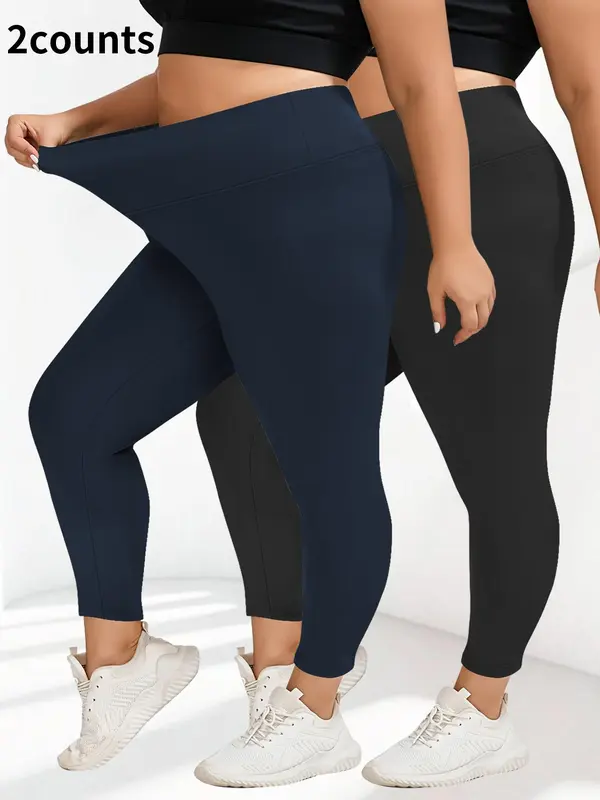 【Plus Size】 Solid High Waist Leggings, Casual Comfy Breathable Skinny Pants for Daily Wear, Women's Bottoms for All Seasons 3