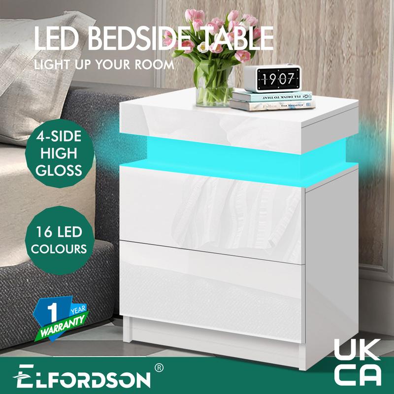 ELFORDSON Bedside Table LED Bedside Cabinet 4 Side High Gloss Nightstand White 1