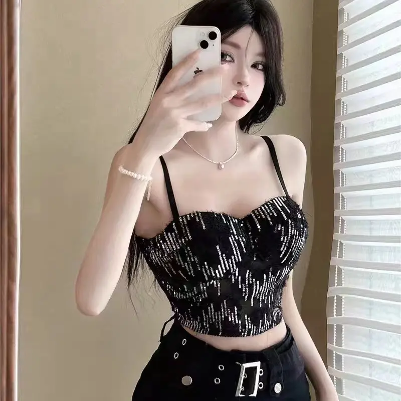 Áo Vest Đính Kim Tuyến, Cô Gái Nóng Bỏng Dễ Thương Và Gợi Cảm, Nữ, Phong Cách Mùa Thu Phổ Biến Năm 2024, Không Tay, Độc Đáo Và Sang Trọng, Áo Ống Phong Cách Phương Tây Sling 0