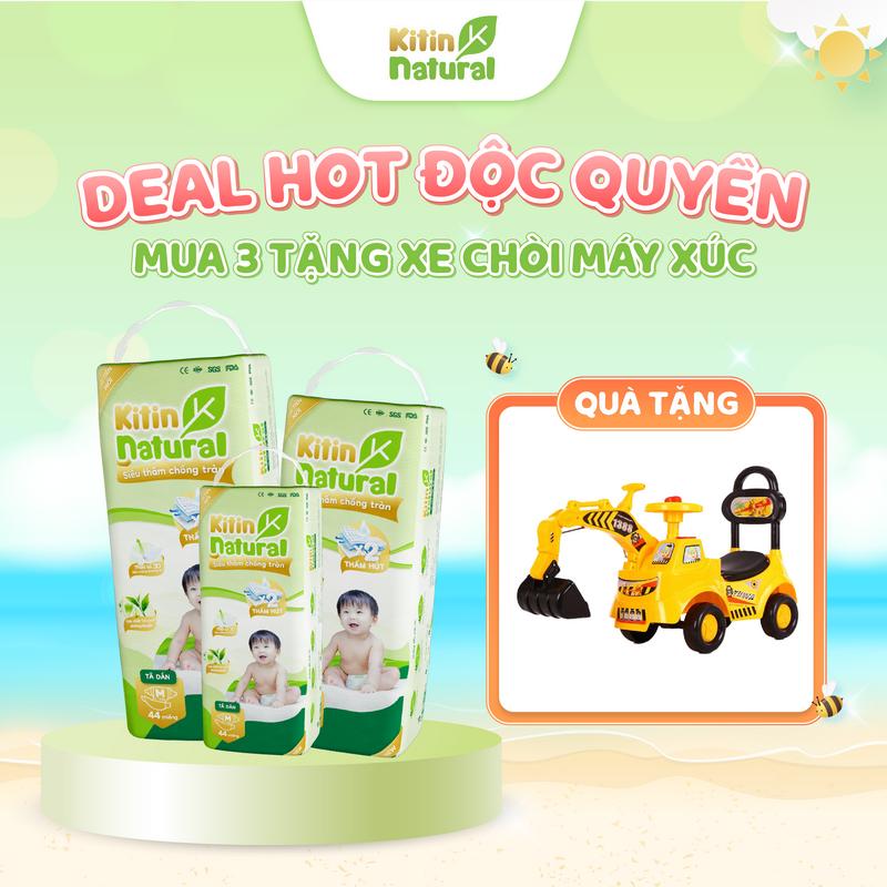 TẶNG XE CHÒI MÁY XÚC khi mua Combo 3 bịch tã bỉm Kitin Natural siêu mỏng thoáng, tinh chất trà xanh kháng khuẩn chống hăm cho bé