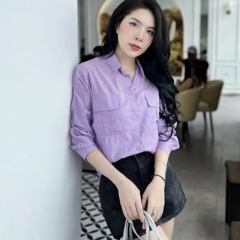 Áo sơ mi nữ tay dài chất tơ rũ mềm mại 2 túi 2 nắp xinh tay phồng nhẹ phom dáng hàn quốc. Women Top Voi Shirt Trắng tím pastel 0