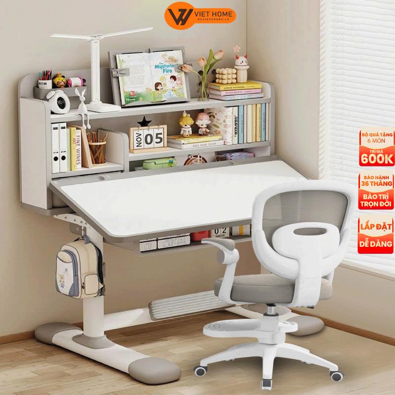 Bàn học trẻ em E06 VIETHOME Có kệ sách mới cho bé Nâng cấp ghế xoay 360 độ có bánh xe Nâng hạ linh hoạt