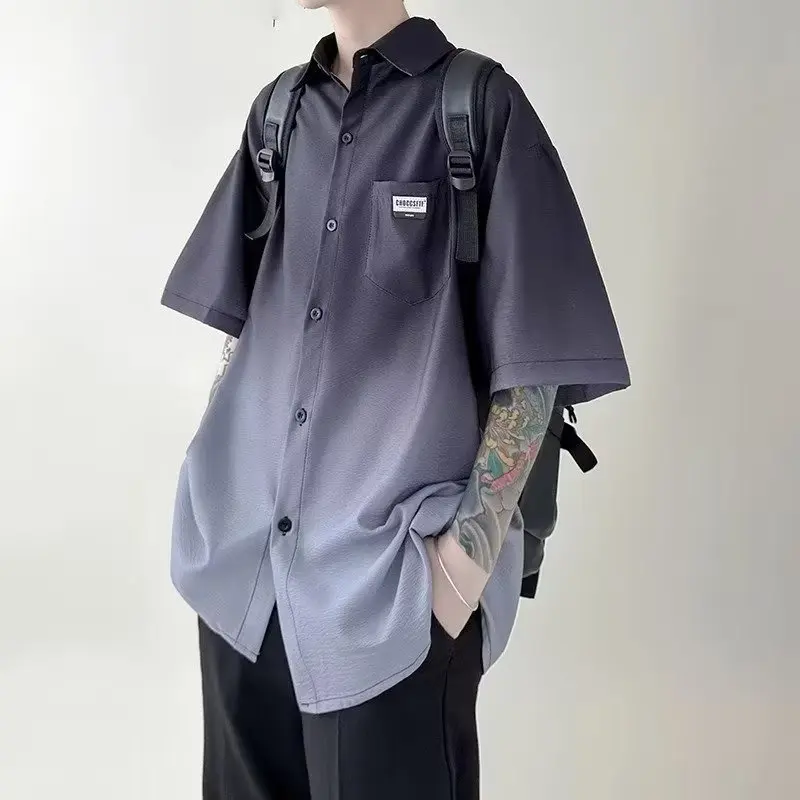 Áo Sơ Mi Màu Gradient Áo Sơ Mi Nam Ngắn Tay Mùa Hè, Áo Khoác, Họa Tiết Ngoại Cỡ Quần Áo Xếp Ly