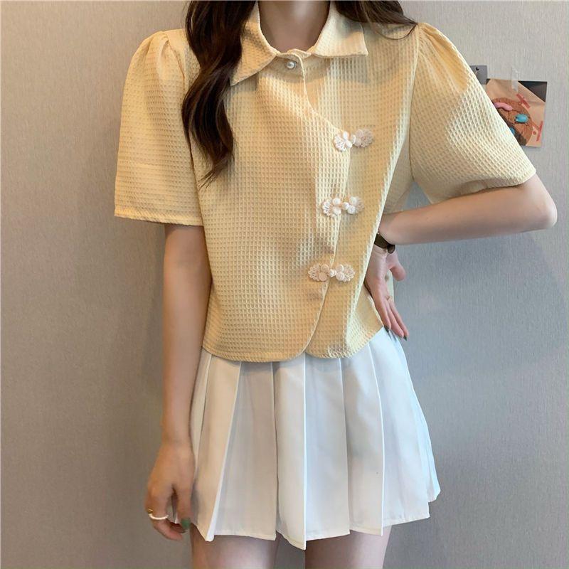 Product Introduction of Cheongsam Button Polo Collar Short-Sleeved Shirt Women's Summer 2025 New Design Sense Niche High-Grade Short Shirt Fashion Top Womenswear Blouse Lingerie Casual Comfort Basic Collared Minimalist 6