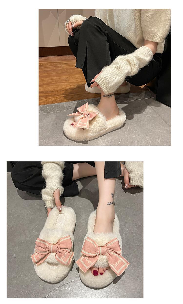 Product Introduction of รองเท้าแตะผ้ากำมะหยี่ Douyin ฤดูใบไม้ร่วงและฤดูหนาว อบอุ่นสุดๆ ดีไซน์ตัวอักษรใหม่ โบว์ใหญ่ กันลื่น สามารถสวมใส่นอก อเนกประสงค์ พื้นหนา 50