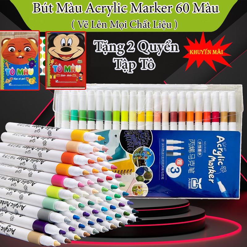 Tặng 2 Quyển Tập Tô Hộp Bút 60 Màu Acrylic Bút Vẽ Mọi Chất Liệu Không Thấm Giấy Màu Sắc Tươi Sáng