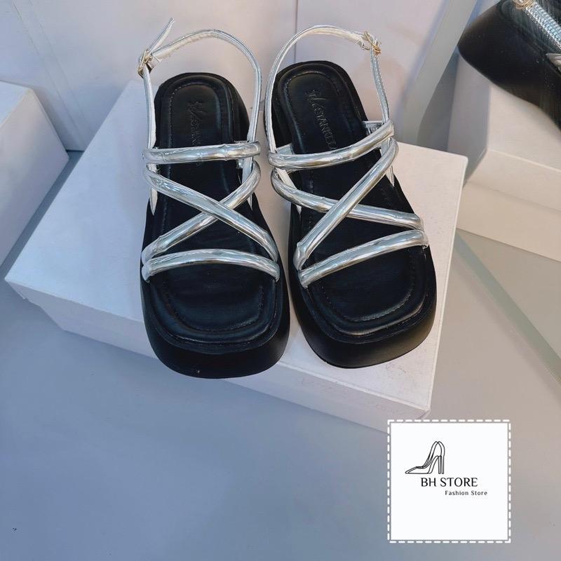 Sandal quai mảnh fullbox 2 màu đế bánh mì 6cm ( 021 ) Nữ DéP Shoes GiàY Đế Bằng Quai Chéo Quai Hậu Nhung Cao Su Jean thoitrang giày bệt 3