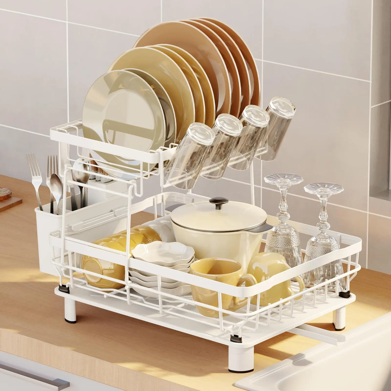 Kitchen 2 Tier Dish Rack With Drainboard, 1 Count Countertop Dish Drying Rack, Dish Storage Rack With Cutlery Holder, Kitchen Storage Supplies