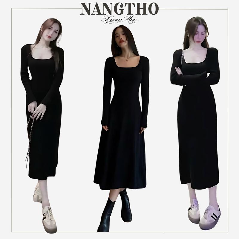 D210 Đầm Cổ Vuông Có Dây Kéo Chất Thun Gân Đũa Nữ  Nhung Voi