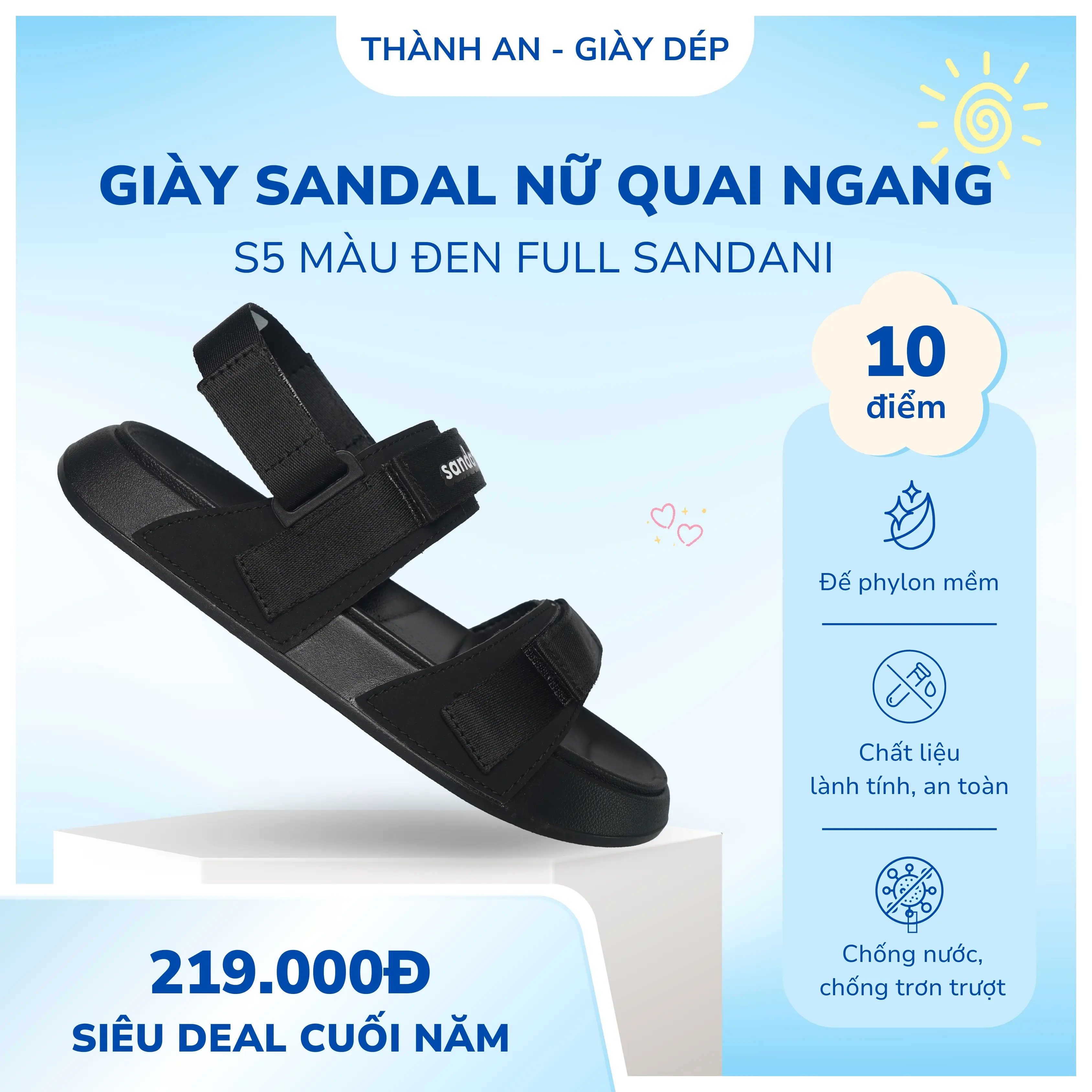 Dép Sandal Nữ Sandani S5 Đen Full - Đế Phylon Nhẹ Êm, Quai Dù Bền, Đi Học Đi Chơi - Cao Su, DéP