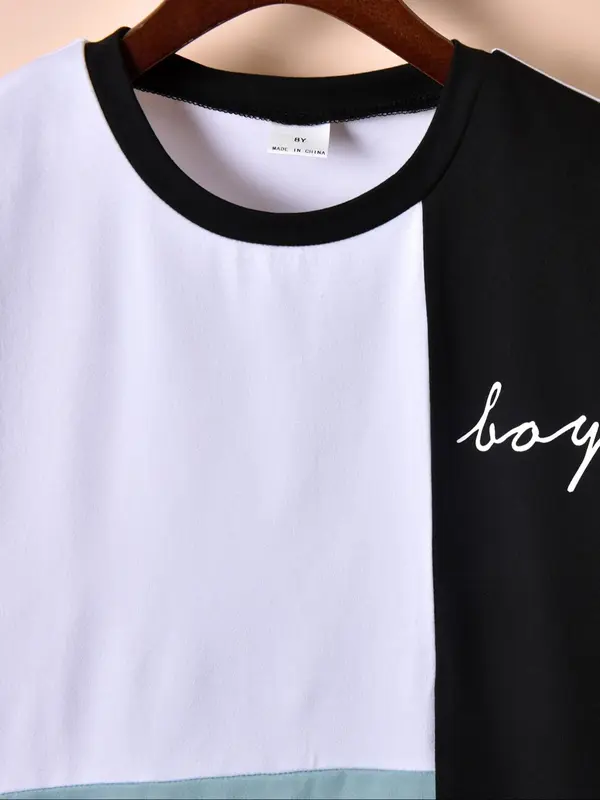 Two-piece Set Boy's Colorblock Short Sleeve Tee & Jogger Pants, Casual Round Neck T-shirt & Sweatpants for Summer, Kids Clothes for Daily Wear 2