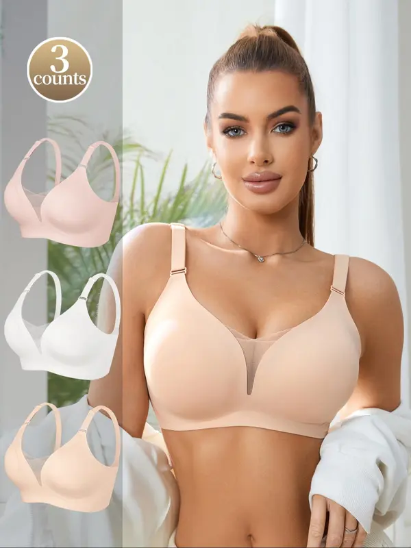Women's Solid Color Mesh Patchwork Seamless Wireless Bra, Casual Comfortable Breathable Adjustable Strap Anti-Sagging Full Coverage Bra, Lingerie for All Seasons 8