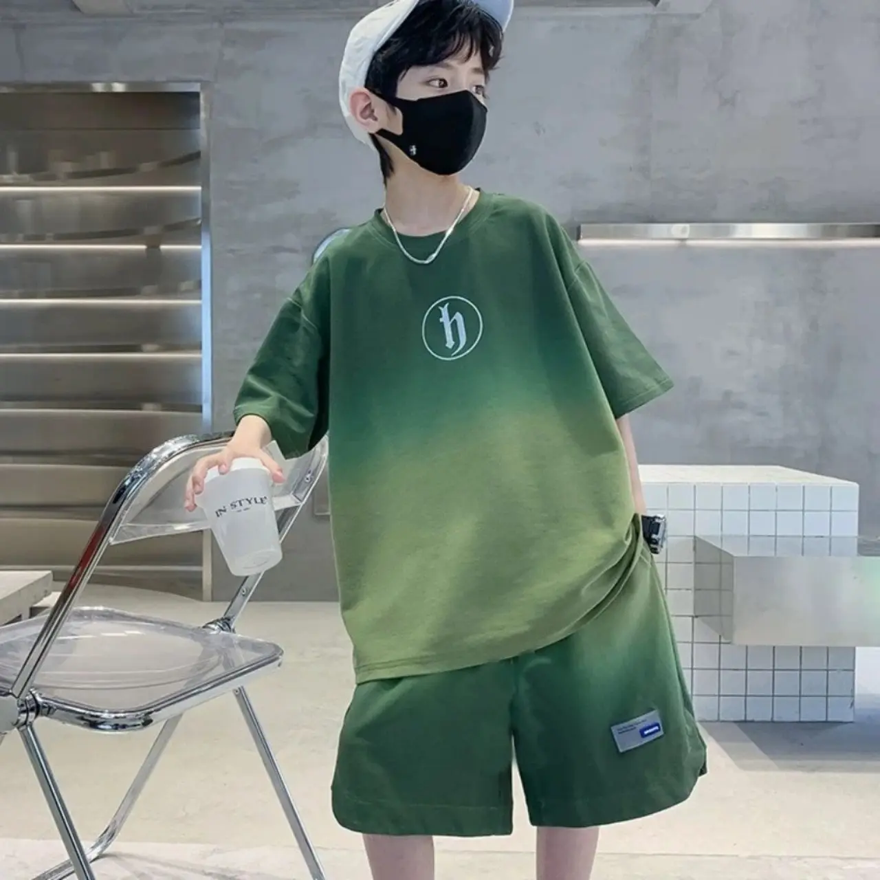 Bộ đồ cộc tay 3D loang Xanh chữ H cho bé từ 18kg -45kg, chất liệu cotton cá xấu co giãn 4 chiều, mềm mịn thoáng mát thấm hút mồ hôi - G81 FASHION