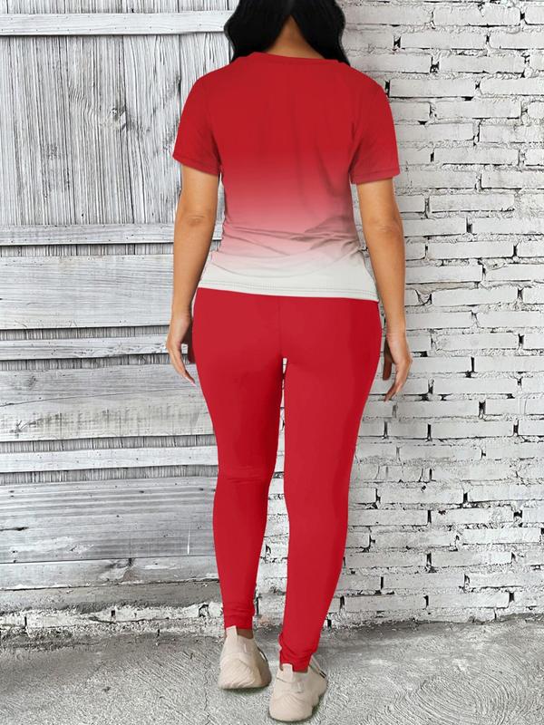 Women's Ombre Letter Print Short Sleeve Tee & Leggings Set, Casual Round Neck T-Shirt & Skinny Pants For Daily Wear, Ladies Two-Piece Outfits For All Seasons 6