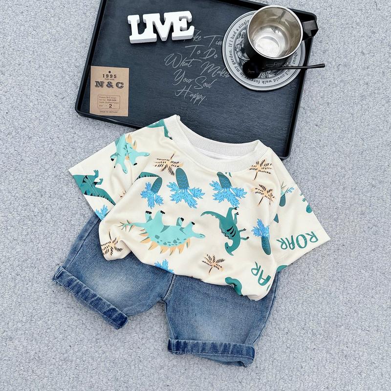 Bộ Quần áo Ngắn Tay In Hình Khủng Long Áo Cotton Gai Và Quần short jean chơ bé trai từ 8-26kg[Shop luankids92]