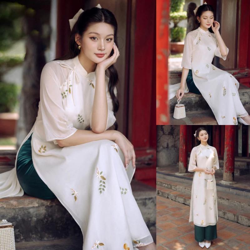 Áo Dài Cách Tân Linh Lan,Áo Dài 4 Tà Lụa Tơ Thêu Hoa Cổ Cao 2