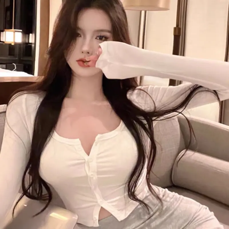 Áo Croptop Dài Tay Cúc Giữa Cực Xinh Phong Cách Hàn Quốc Mới Nhất B2 Sơ Mi Nữ Nhung Voi Thun 6