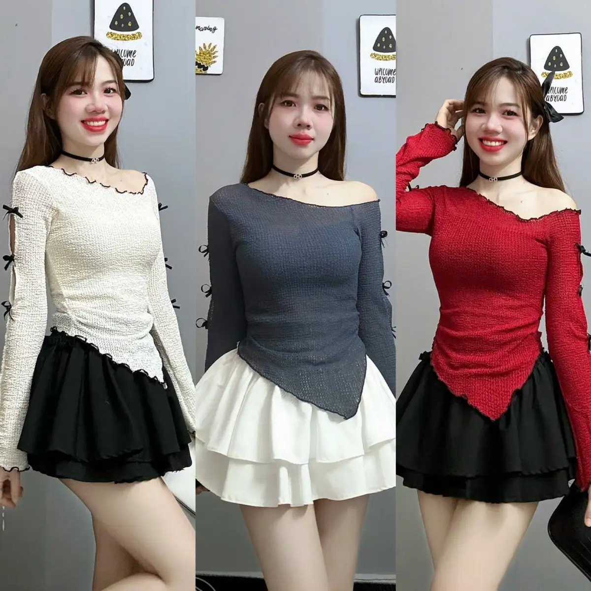 Set áo tay dài lệch vai phối nơ tay thun lưới co dãn