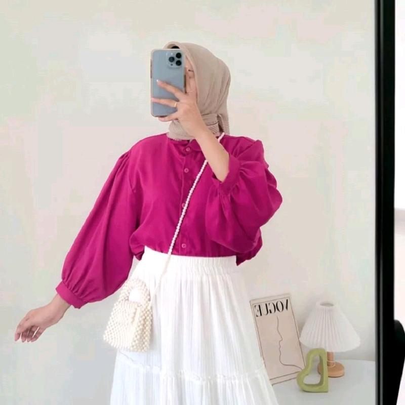 Blouse Kemeja Elze Atasan Wanita Shakila Twill Polos Lengan Balon Full Kancing Baju Panjang Oversize 1