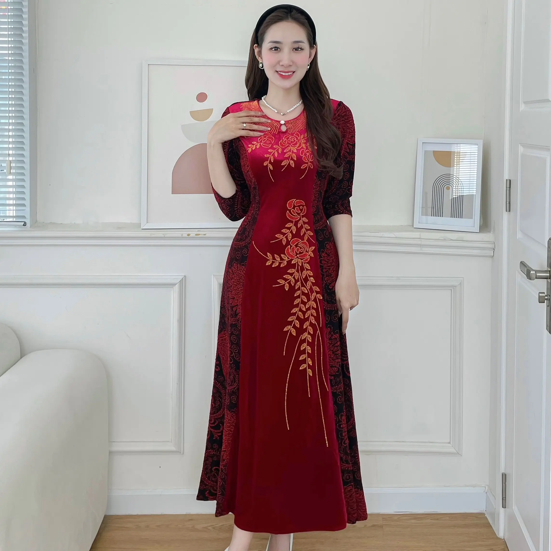 M668 Đầm maxi cổ tròn giọt nước ép đá cao cấp, phối nhung Dress Nữ Váy Women