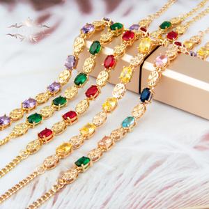 Barang Kemas Hadiah Wanita, Gaya Eropah dan Amerika, Kristal Bujur Bertatah Bersalut Emas, Gelang Berlian Bertatah Rantai Zirkon Berwarna-warni, Untuk Wanita