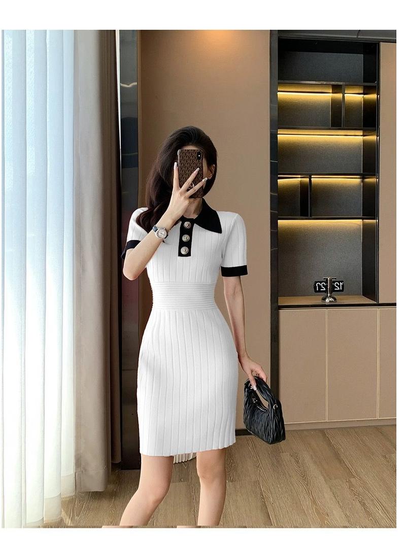 Product Introduction of Váy Dệt Kim Lụa Lạnh Cổ Polo Phong Cách Cổ Điển, Ôm Vừa Vặn, Váy Bodycon Ngắn, Cao Cấp, Hàng Mới Về Mùa Hè 24 Năm Nữ Dress Đen 7