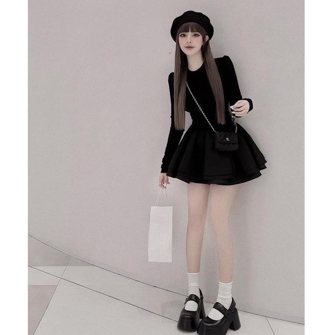 Đầm Bigsize Tay Dài Phối Tafta Xoè Phồng Thắt Nơ Định Hình Eo Kèm Quần Bảo Hộ