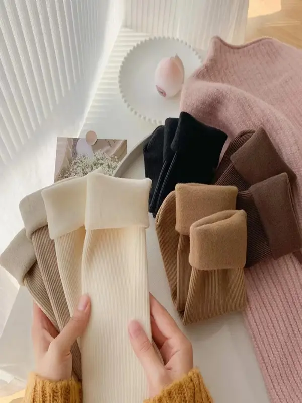 Women's 5 Pairs Solid Thermal Lined Crew Socks, Casual Comfort Cozy Warm Socks for Fall & Winter, Multipack Plain Socks for Daily Wear, Winter Wearl, Winter Wear, Socks for Women 0