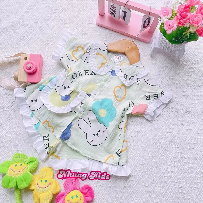 (8-17kg) Bộ pijama cổ tiểu thư Quần ngắn chất vải cotton Hàn mềm mát cho bé gái dưới bốn tuổi 1