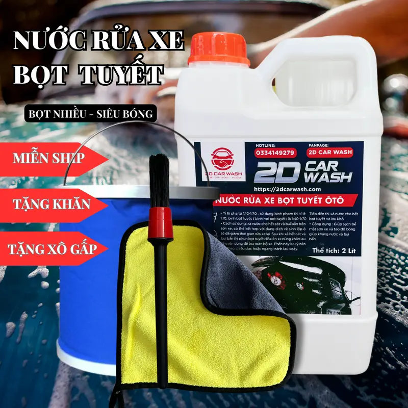 Nước rửa xe 2dcarwas 2L chất lượng cao bọt tuyết siêu bóng sơn Tặng: xô + Khăn 25x25 + cọ nhựa 3